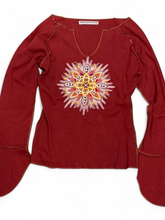 Vintage Tops - Y2K Fuse Box Fire Flower Bell Sleeve Shirt